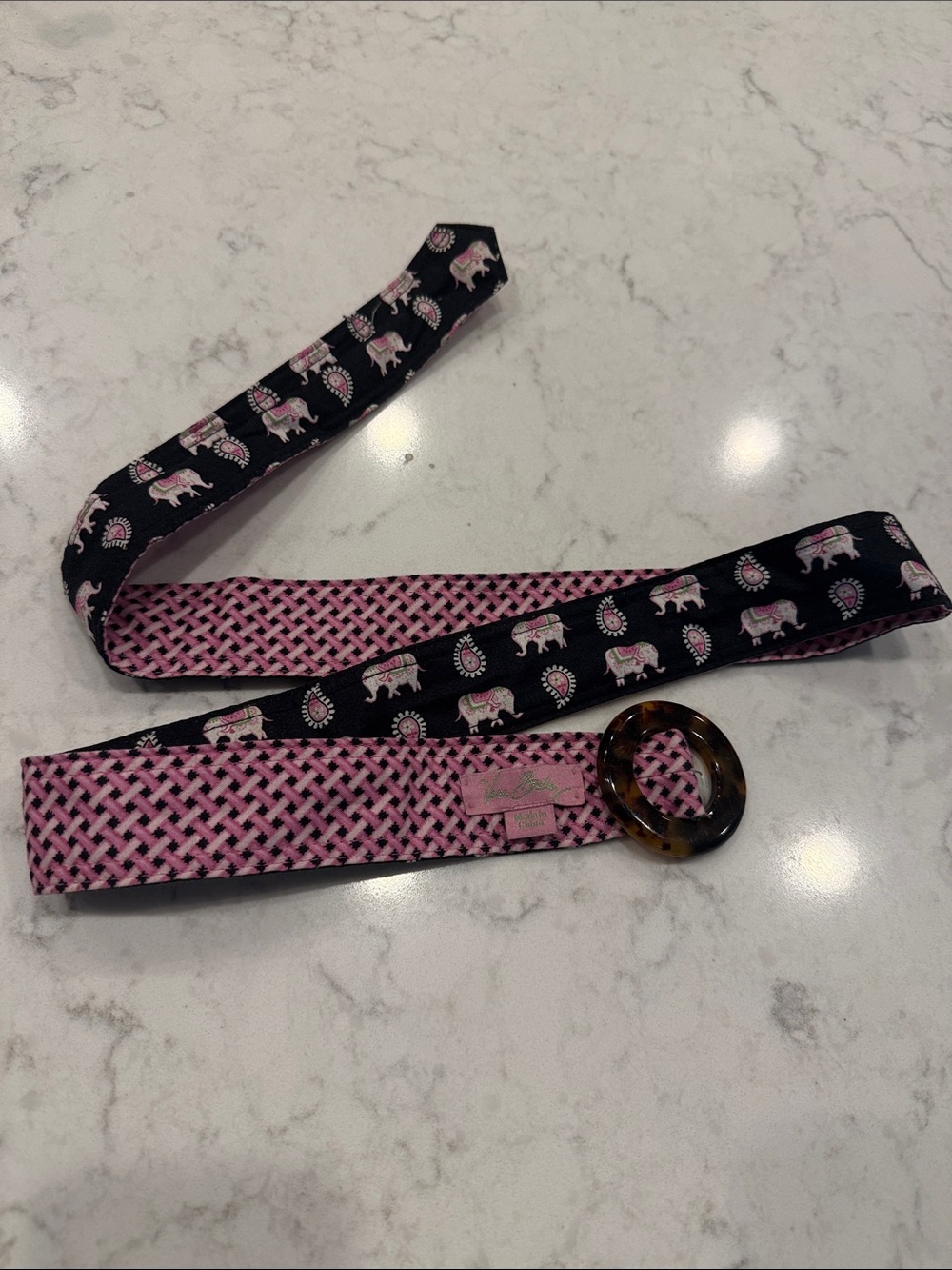 Vera Bradley Pink & Black Elephant Print Reversible Belt with tortoise buckle